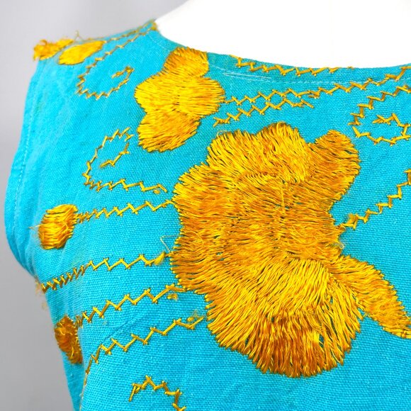 Vintage Boho Summer Shift Dress – Hand Embroidered Orange Floral with Fringe Hem - Picture 3 of 12